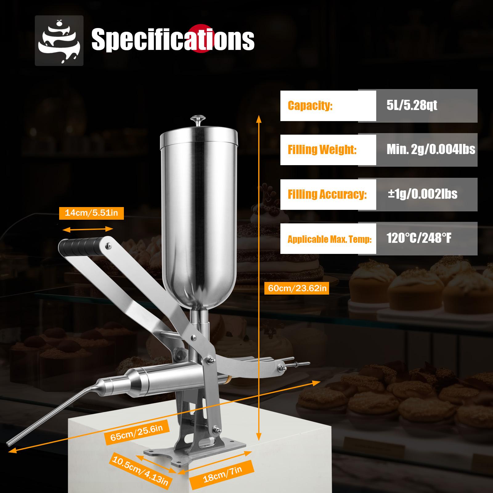 5.28Qt Manual Donut Filling Machine with 4 Anti-Drip Nozzles & High Precision (±1g), 304 Stainless Steel Cream Filler for Bakery, Restaurant, Café, Dessert Shop