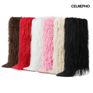 CELNEPHO Womens Knee High Boots Pointed Toe Faux Fur Fluffy Fashion Stiletto High Heels Plush Warm Boot for Gift Party Outdoor Wear Dress Shoes