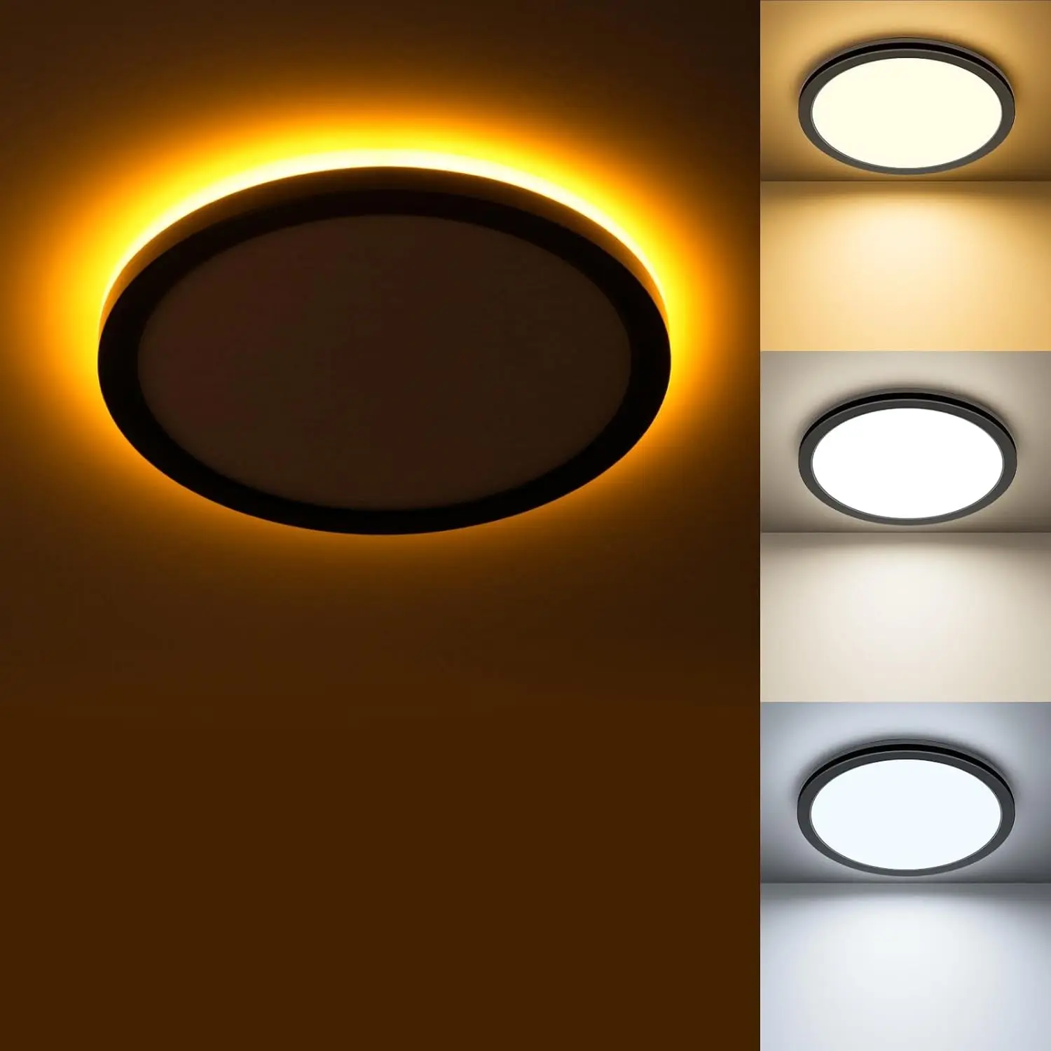 Dimmable LED Flush Mount Ceiling Light Fixture with Night Light, 8.7in 1800LM, 3000K/4000K/5000K Selectable Low Profile Round Black Fixture for Hallways, Kitchen, Bedroom