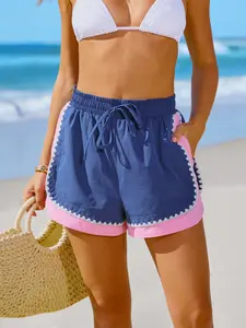 Popvil Women's Patchwork Split Shorts Stitching Way Navy Blue & Pink Color Block Drawstring Waist Beach Shorts for Daily