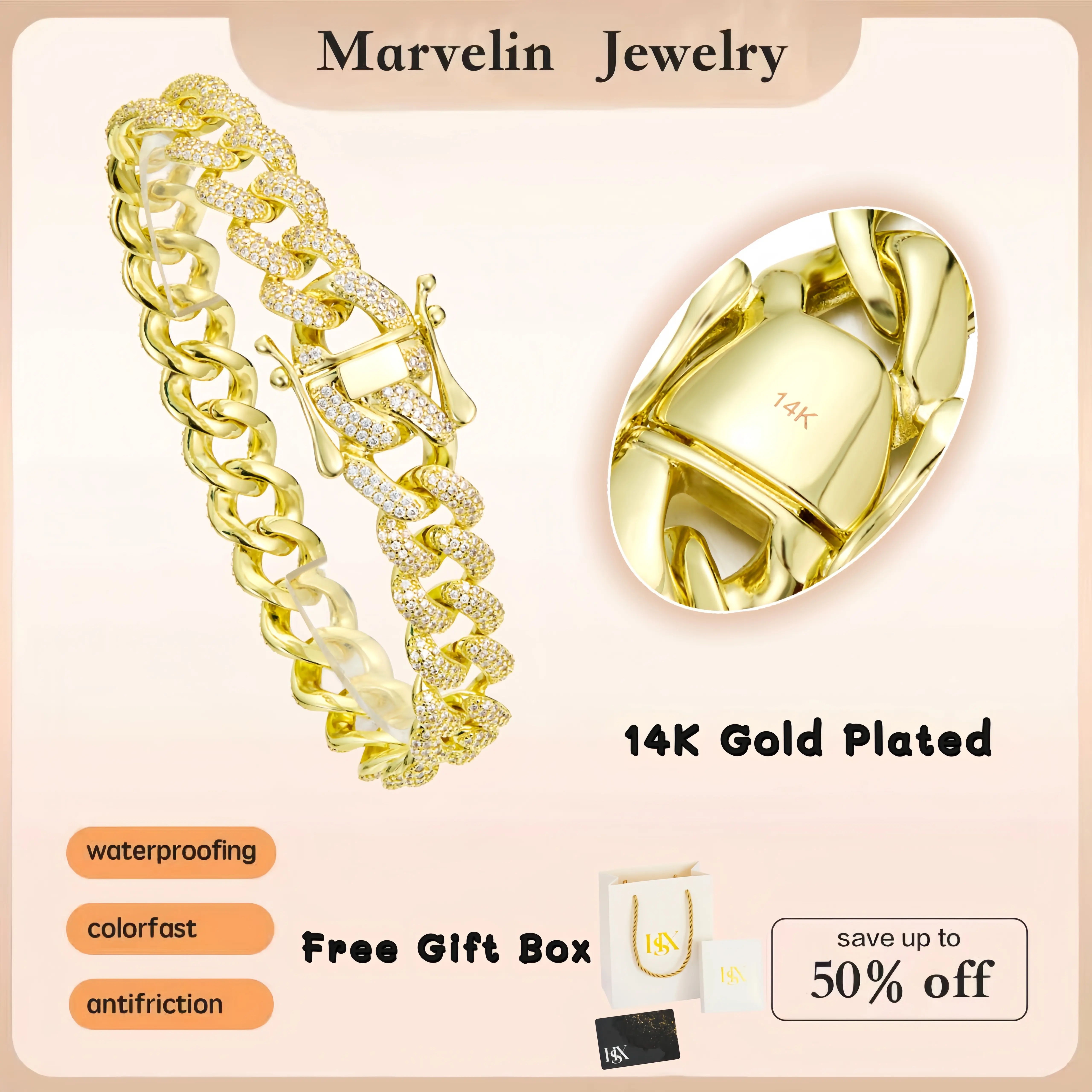Monaco-style 14K gold-plated Cuban chain bracelet, Miami-inspired couple's set with a 12mm cubic zirconia clasp, set with moissanite, sturdy and durable, rust-proof and water-resistant, fade-resistant, the perfect hip-hop-style jewelry gift for couples su