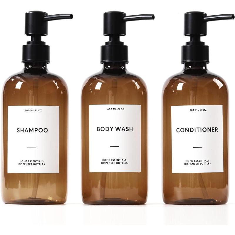 Set De 3 Distributeurs Shampoing Et Après-shampoing - 21 Oz (620 Ml) - Moderne Transparent Marron - Neuf