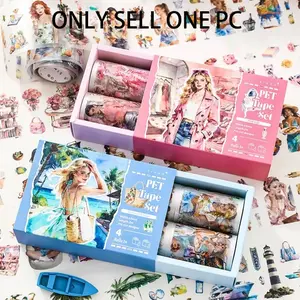 4 Rolls/box Transparent Pet Die-Cut Tape Set, Watercolor Girl Pattern, Ideal for Diary and Scrapbook Making, DIY Craft Supplies