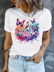 Vibrant Music Note and Butterfly Pattern Casual TShirt with Round Neck for Women