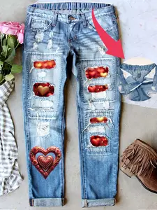 Women's Valentine Heart Patch Print Distressed Jeans Vintage Washed Look Cat Whisker Craftsmanship Elastic Waistband Long Denim Jeans