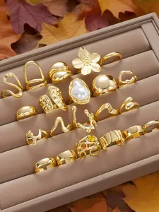 21-Piece Elegant Floral Faux Pearl Ring Set, Zinc Alloy Wide Band Rings for Women, Fashion Rings, All-Season Jewelry Gift for Parties & Birthdays