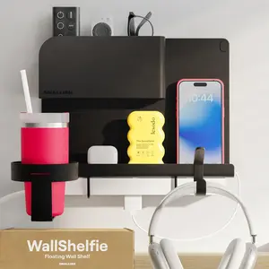 WallShelfie Bedside Wall Organizer - Black Floating Shelf for Dorm Room Essentials, Durable Room Decor with Makeup & Remote Control Holders