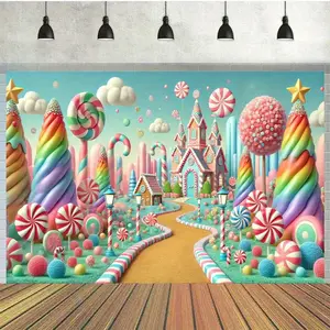 1pc 2D Flat Candy Kingdom Polyester Backdrop, Polyester Material Photography Banner - Multipurpose for Birthday, Studio Celebrations - No Electricity Needed