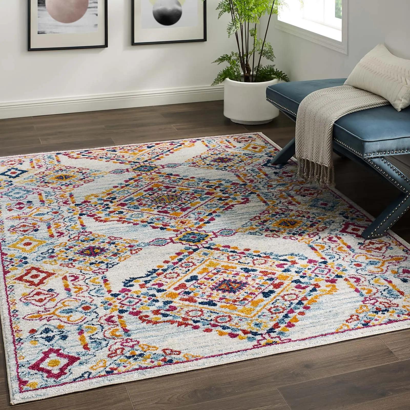 Modway Entourage Khalida 5x8 Distressed Vintage Botanical Floral Lattice Area Rug - Ivory, Blue, Orange, Yellow, Red - Indoor Entryway Rug for Room Decor, Indoor Entryway Rugs