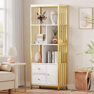 Modern Bookshelf with Drawers Gold Bookcase Storage Rack Shelf White Standing Bookshelves Metal Frame Large Display Racks Book Shelf for Bedroom, Living Room, Home Office