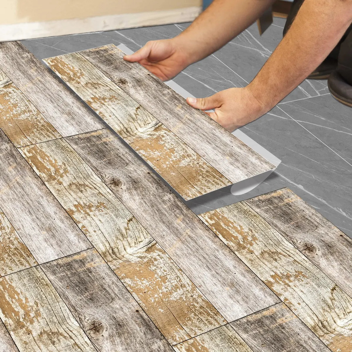 Deep Wood-Grain Heavy Duty PVC Self-Adhesive Floor Tiles Peel And Stick Waterproof, No Glue Required, Waterproof & Wear-Resistant, DIY Installation, 5/10/20 Sheets Pack, Durable PVC Material, Wood Grain Pattern