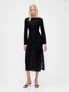 Burnout Velvet Bell-Sleeve Midi Dress with Floral Design & Stretch Jersey Lining for Women Elegant Boatneck & Adjustable Fit