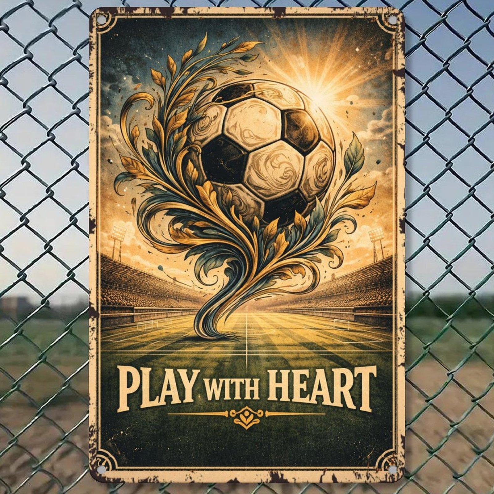 Vintage Soccer Art Print – Play with Heart – Retro Football Poster for Home, Office, or Sports Room