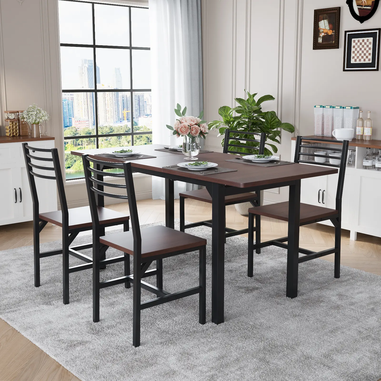 63” Extendable Dining Table Set for 4-6 People, 5-Piece Dining Table Set for 4 People with 4 Chairs, Kitchen Table Set with MDF Wood Board and Metal Frame, for Small Space, Apartment