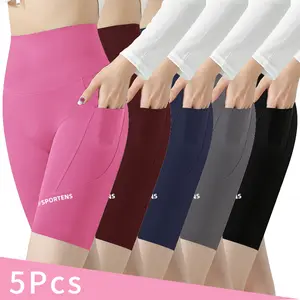 5pcs High Waist Athletic Yoga Shorts,Soft Shorts,Breathable, Pocketed Stretchable Tight Fit Gym Wear For Daily Workout & Casual Use Women Outdoorfun