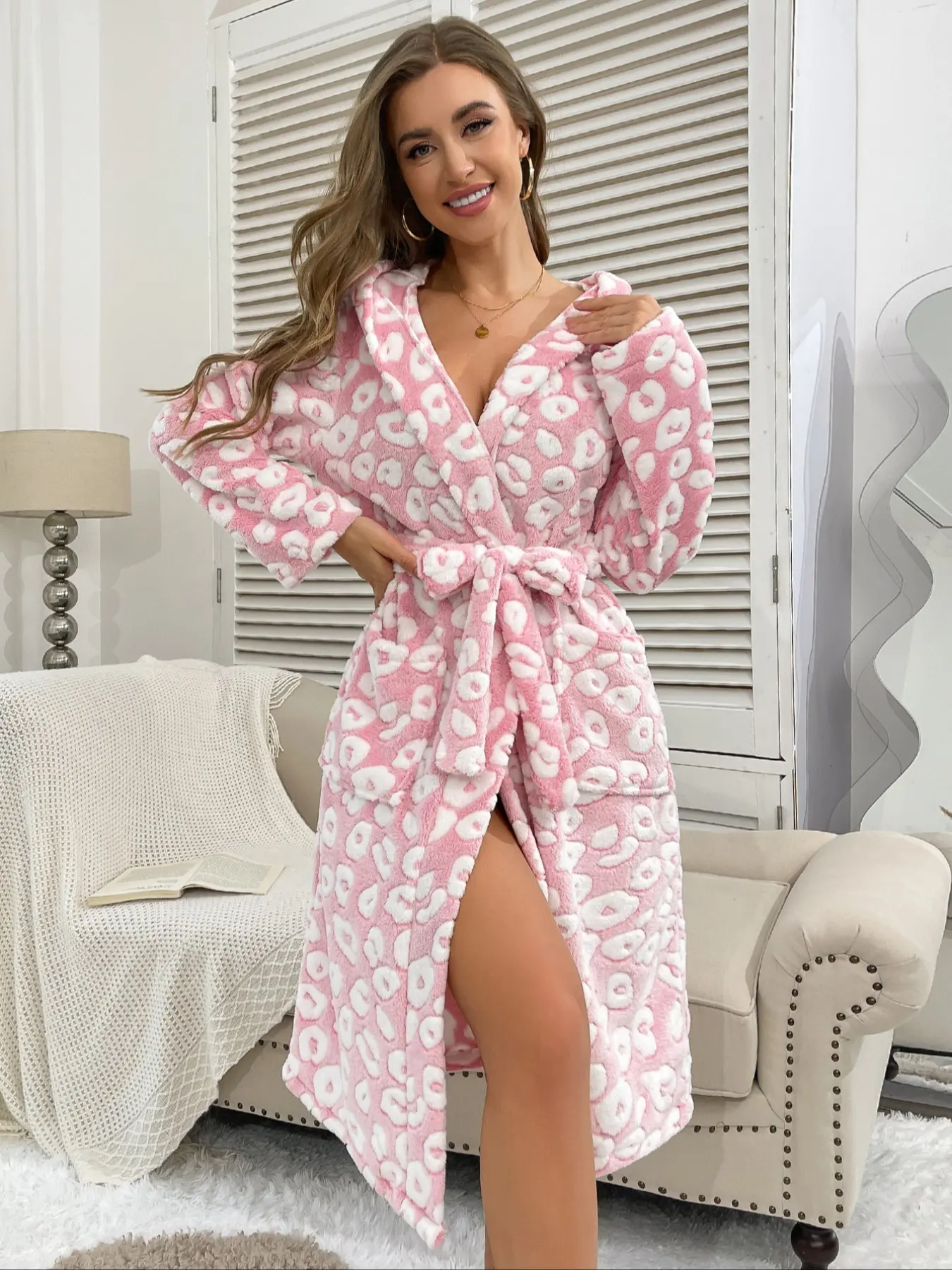Women's full-length leopard print nightgown loose soft skin friendly pockets on both sides Cat's ears clothes and hats autumn and winter Thick velvet warm home clothes go out casual pajamas, Loungewear Robe, Nightwear, Womenswear, Garment, Long Sleeve