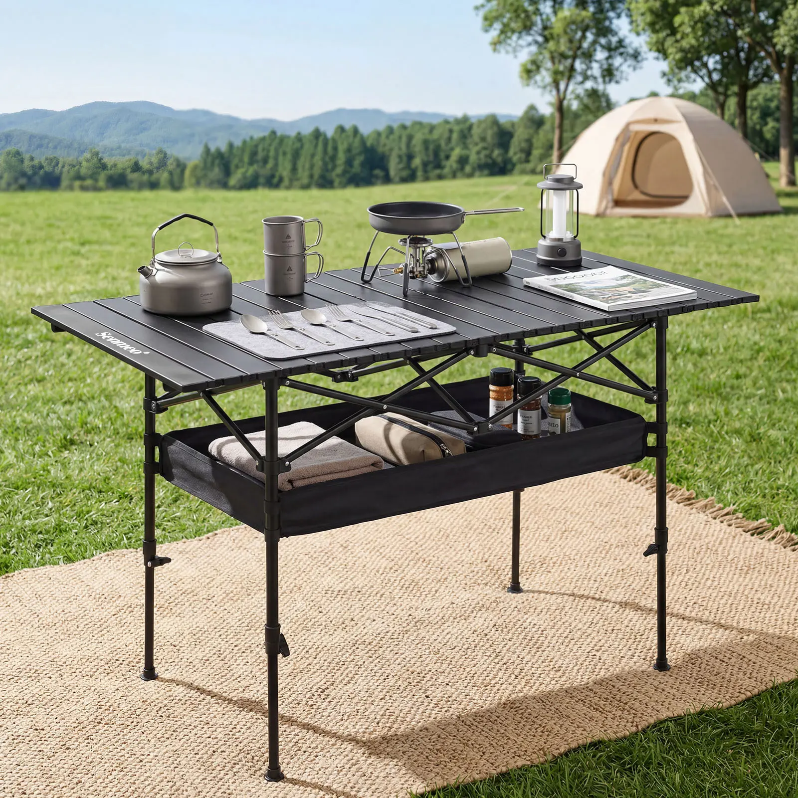 [Upgraded] Senmeo Foldable Outdoor Camping Table Height Adjustable-More Stable! with Mesh Storage Bag And Carrying Bag, Portable Aluminum Rolling Table for Indoor, Outdoor, Camping, Beach, Backyard, Barbecue, Party, Patio, Picnic-Easy to Store