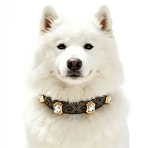 Paw Print Leather Dog Collar, Adjustable Rhinestone Pet Necklace for Small Large Dogs, Bling PU Leather Puppy Kitten Collar