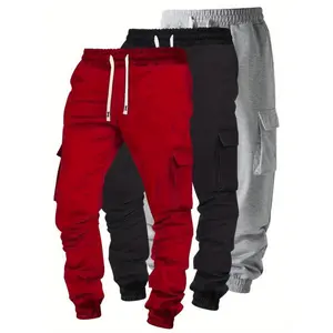 Plus Size Men's Jogger Pants 3-Pack - Casual Polyester Knit Fabric with Drawstring and Pockets, Solid Color Loose Fit for Spring/Fall, Elastic Cuff Trousers Slight Stretch  Quality