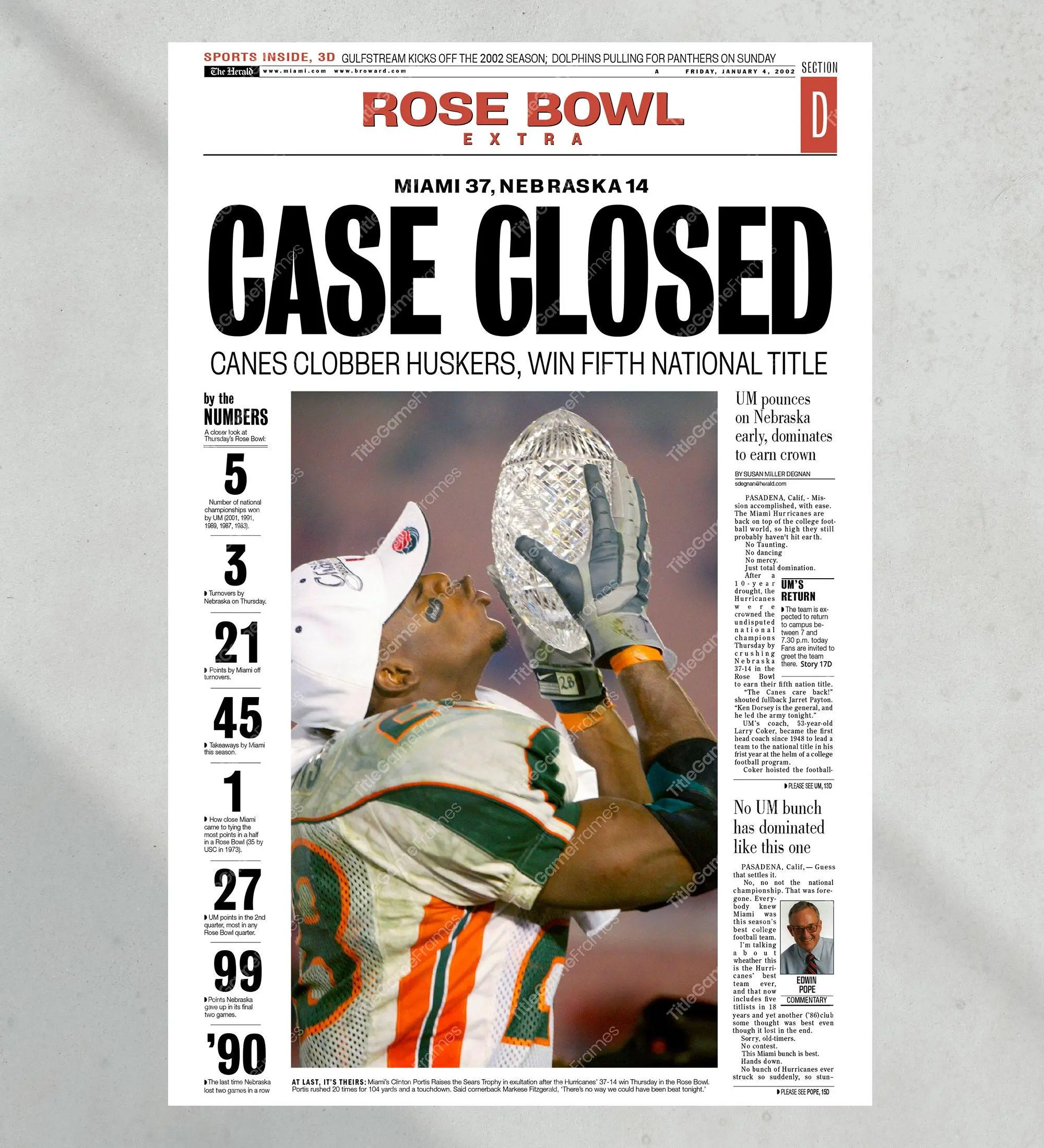 2001 Miami Hurricanes NCAA College Football National Champions Unframed Poster Print