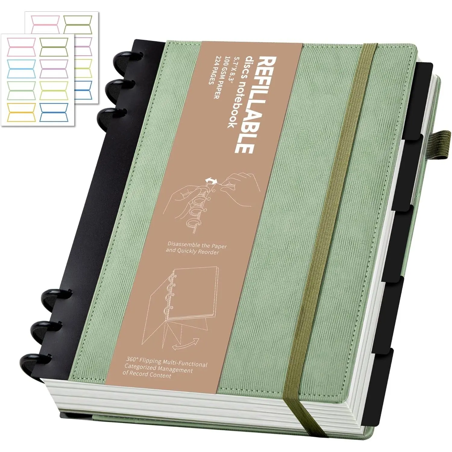 Refillable Notebooks for Work 5 Subject with Removable Dividers Tabs 224 Pages Hardcover Leather Journals for Writing Small Discbound Planner Colleged Ruled Paper for Women Men 6.1 x 8.3,Green