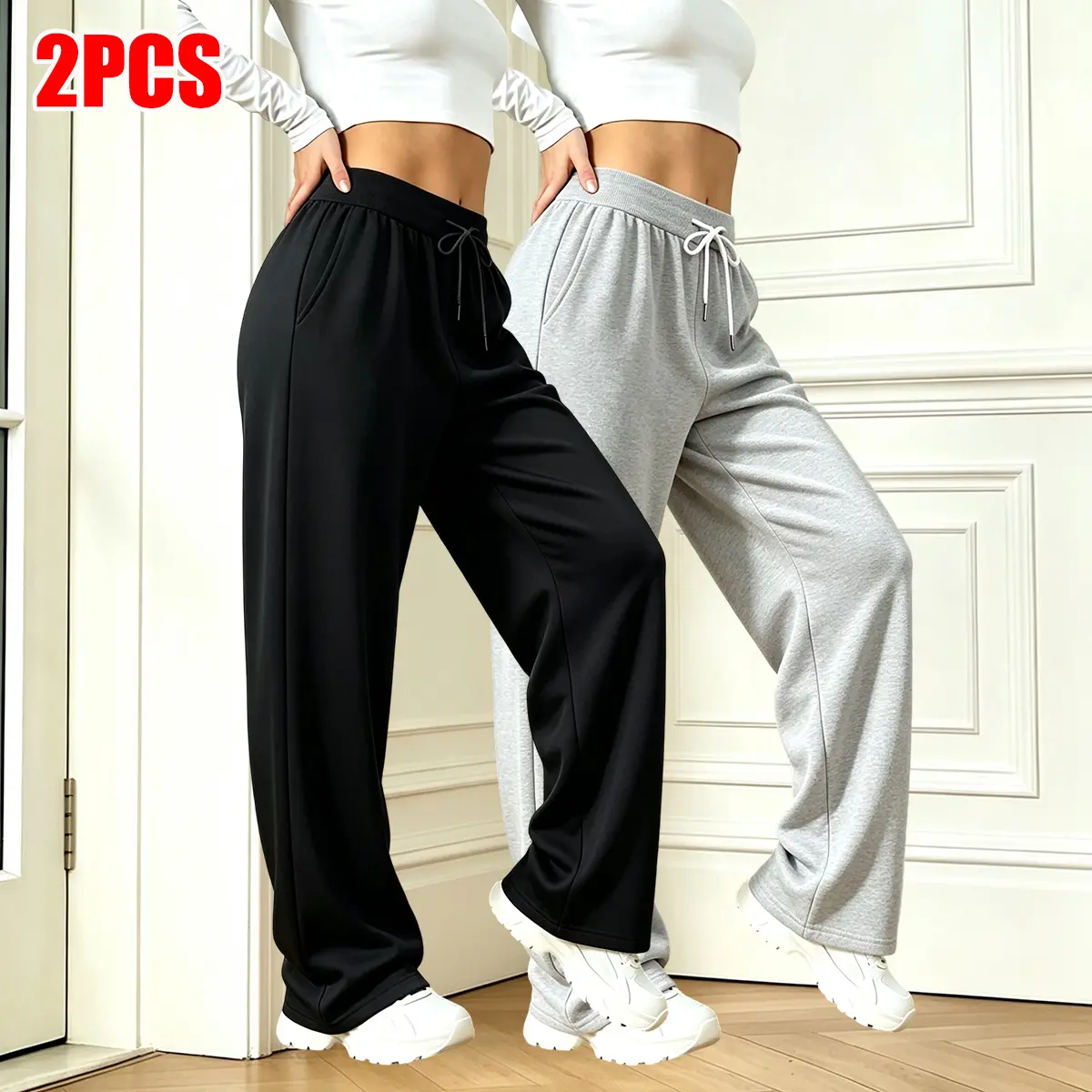 Women’s two-pack casual pants with elastic waistband and drawstring, large side pockets; sports pants, casual pants, yoga pants, jogging pants; suitable for spring, summer, and autumn; soft and comfortable.