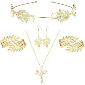 FUNRUN 6Pcs Greek Goddess Costume Accessories Set for Women Leaf Headband Armband Bracelet Golden Laurel Leaves Crown Artificial Pearl Dangle Earrings Bridal Wedding Headpiece Party Toga Jewelry