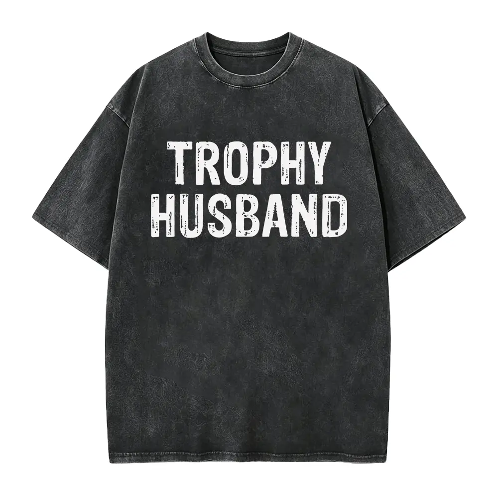 Crew Neck Tee for Men 'TROPHY HUSBAND' Bold Text Design Vintage Distressed Look Comfortable Fit for Casual Attire Ideal Gift for Him PLUS SIRetro Casual Short-sleeved T-shirt with a Round Neck
