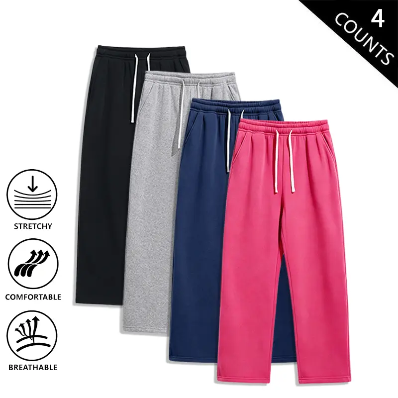 Men’s 4-Pack Casual Sweatpants, Loose Wide-Leg Design, Ultra-Soft & Breathable Drawstring Pants for Street, Gym & Lounging