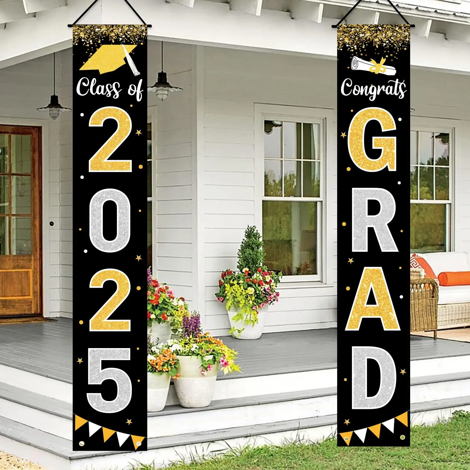 Class of 2025 Graduation Porch Banner – Black Vertical Door Signs for Indoor or Outdoor Walls, Perfect Welcome Decor for Graduation Party Celebrations