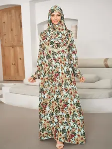 Women's Long Sleeve Islamic Dress, Lace Floral Muslim Clothing, Breathable Daily Wear, Vintage Style, Middle East & Southeast Asia Trend, Modest Muslim Outfits