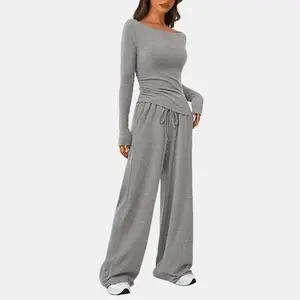 PRETTYGARDEN Women's 2-Piece Lounge Set Asymmetrical Long Sleeve T-Shirt & Wide Leg Pants Casual Fitted Tracksuit Loungewear Basic Minimalist Clothing with Drawstring & Pockets