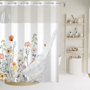 Floral Fabric Shower Curtain with Snap-in Liner Set Plant Flowers Hookless Ployester Bath Curtain Farmhouse Leaves White Cloth Shower Curtains for Kids Bathroom Decor Waterproof, 71x71 Inch