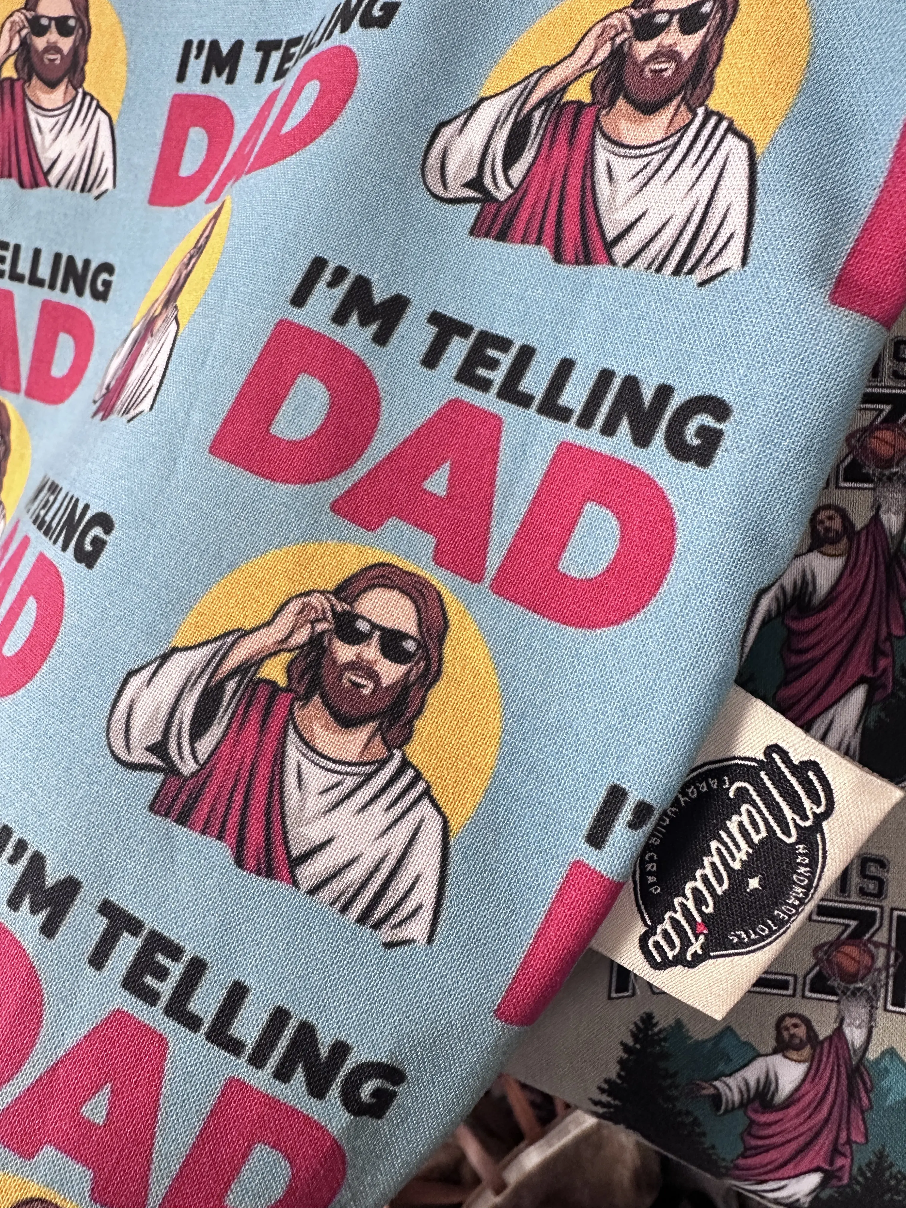 Handmade Reversible Tote Bag for Women with Leather Straps, Funny 'I'm Telling Dad' Graphic Print - Limited Edition Casual Market Bag, Custom Fabric, Farmer's Market