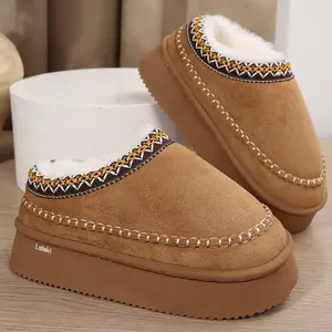 Multi-Color Platform Slippers for Women Winter Warm Mini Snow Boots Cozy Fuzzy Lined Indoor Outdoor Shoes with Embroidery