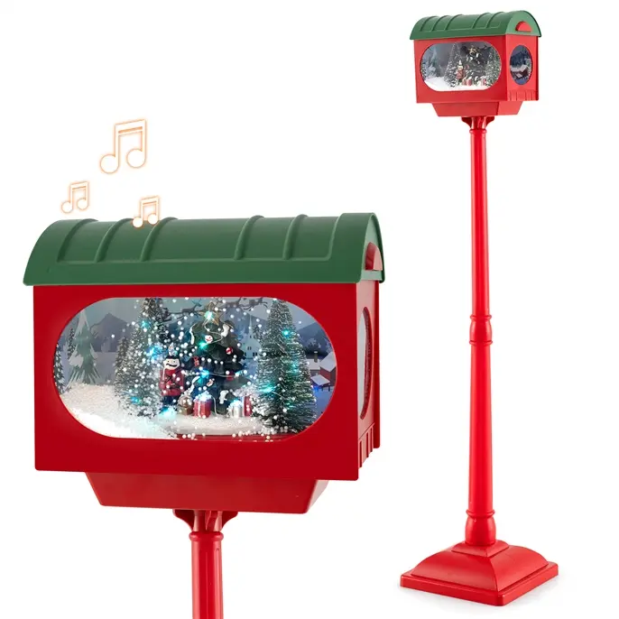 COSTWAY Musical Snow Christmas Street Lamp, Sound-Activated Lantern Post w/Soldier, Christmas Tree & Snowy Effects Inside, Lighted Xmas Decorations for Home, Doorway & Shopping Mall