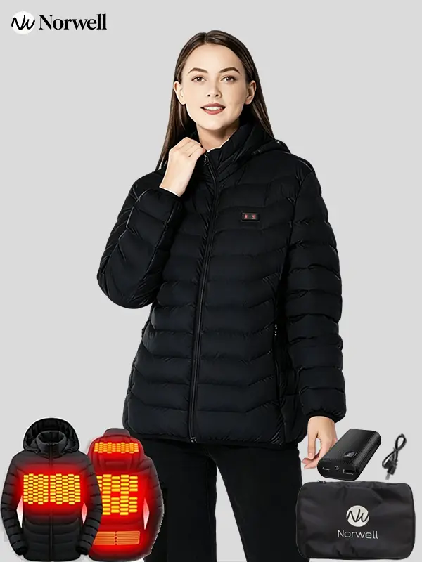 Norwell Women's Heated Jacket with Hood for Men with 7.4V 5000mAh Battery Pack, Dual Control 5Heat Zones Waterproof Comfort Basic Coat, Unisex Winter Outdoor Heating Jacket Hunting Skiing Plus Size - Black,Valentine's Day,Father's Day,Christmas Gift