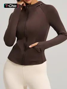 Women's Fitted Hooded Yoga Jacket with Thumbholes, Full Zip Running Sports Jacket with Pockets, Gym and Outdoor Use, Sculpted Sports Jacket