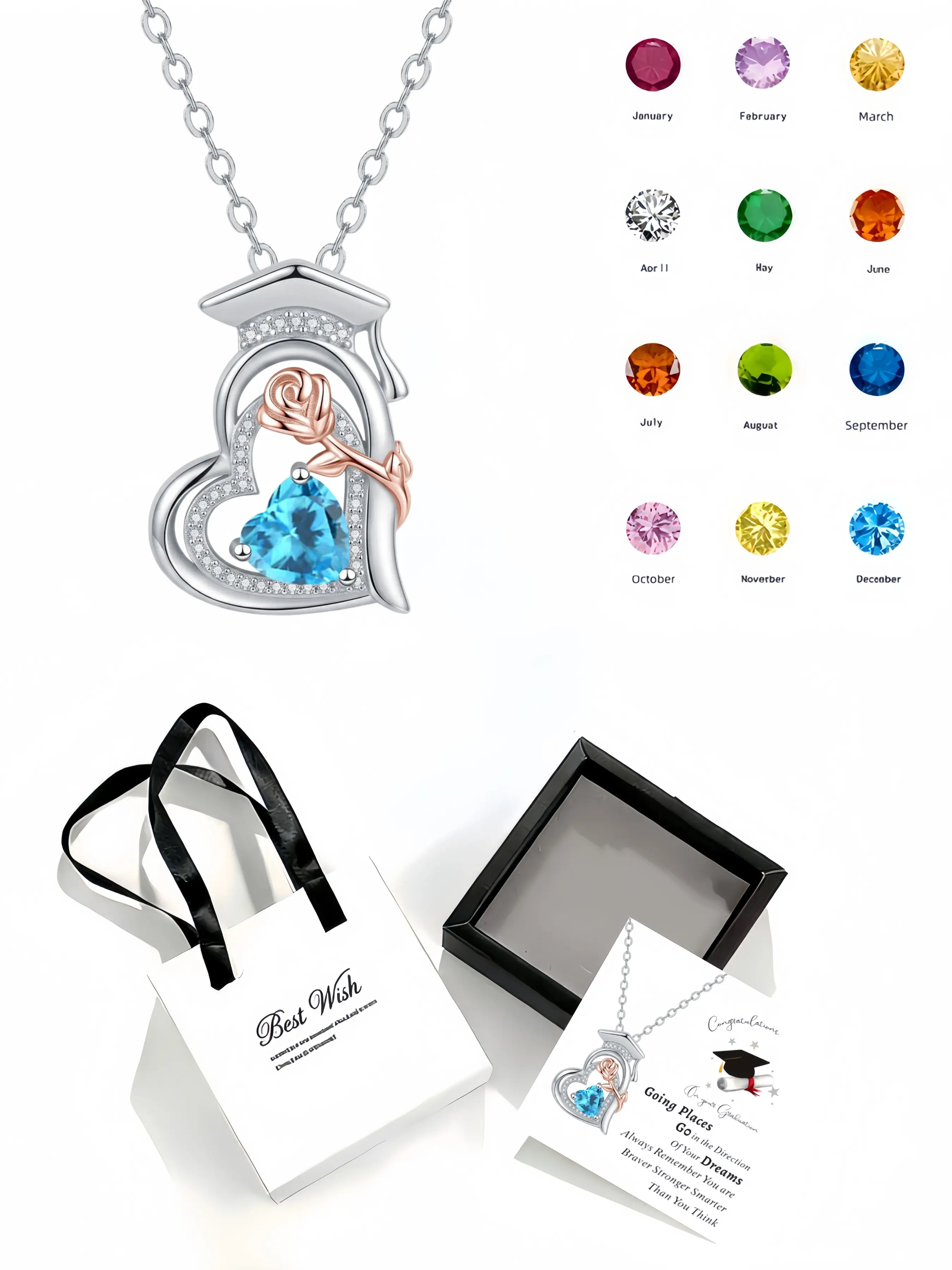 Coronation Starlight Summer graduation-themed necklace with original doctoral cap design, two-tone rose gold and sparkling birthstone.Comes with an exquisite drawer jewelry gift box for women.Ideal as a delicate mysterious graduation gift for classmates.
