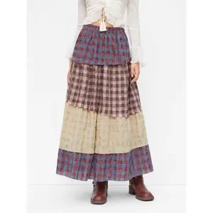 Cider Cotton-blend Mid Rise Checks Colorblock Patched Tiered Maxi Skirt