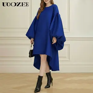 UOOZEE Women's 2026 Spring Oversized Batwing Sleeves Midi Dress, Royal Blue Irregular Hem Casual Party Dress, Year-Round Loose Fit