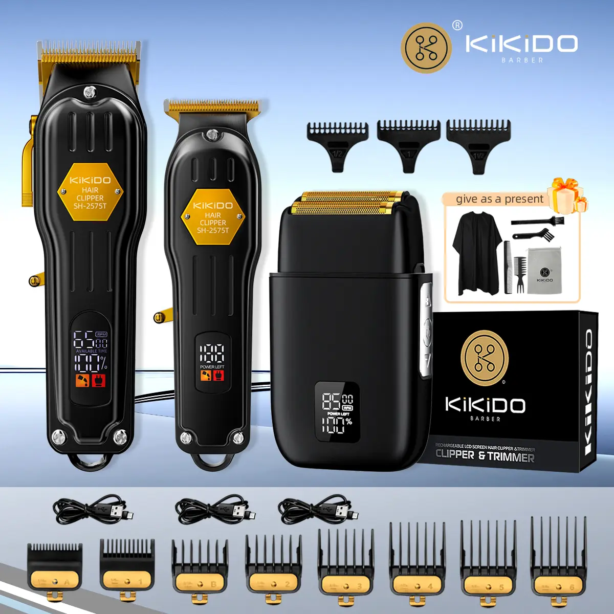 KiKiDO Rechargeable Hair Clipper Set for Men & Family – Cordless Black Gold Barber Trimmer with Digital LCD Battery Display, Shaver & Comb Guards