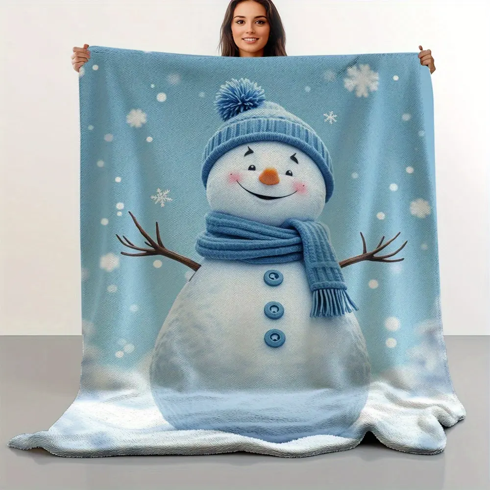 Snowman Christmas Blanket, Soft Flannel Throw Blanket with Cute Blue Snowman Snowflake Print, Cozy Holiday Gift for Kids Women Men Family, Winter Christmas Decor for Bed Couch Sofa, Lightweight Warm Throw for Movie Night