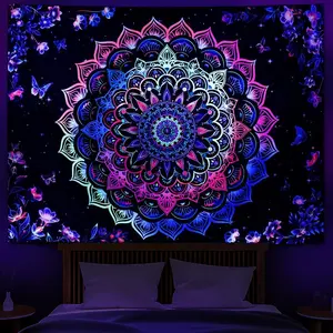Heopapin Blacklight Tapestry Trippy Galaxy Mandala Tapestries UV Reactive Butterflies Flower Wall Hanging Tapestry for Bedroom Living Room 59.1L x 51.2W