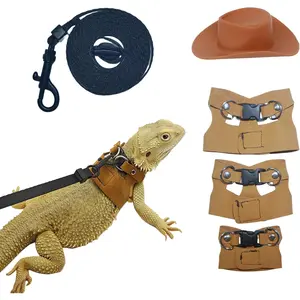 Reptile Pets Leash Harness Set with Jackets and a Hat for Bearded Dragon Lizard, Leopard Gecko and Other Small Animal Pets, Outdoor Play