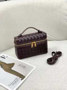 Burgundy Woven Leather Makeup Bag Cosmetic Bag | Luxury Hand-Woven Crossbody Bag with Top Handle & Detachable Strap