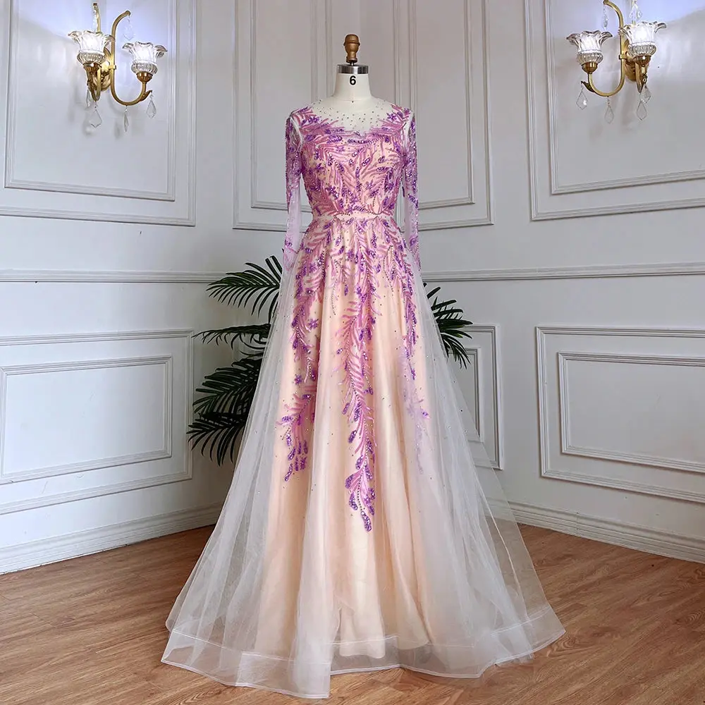 Saudi Arabian Elegance: Long Sleeve Lilac Evening Dresses for Women - 2025 Luxury Dubai Designer Formal Gowns for Wedding Parties