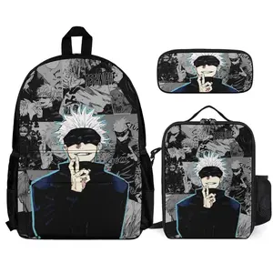 Three-piece bag set: Black and white comic print student backpack + lunch bag + pencil case
