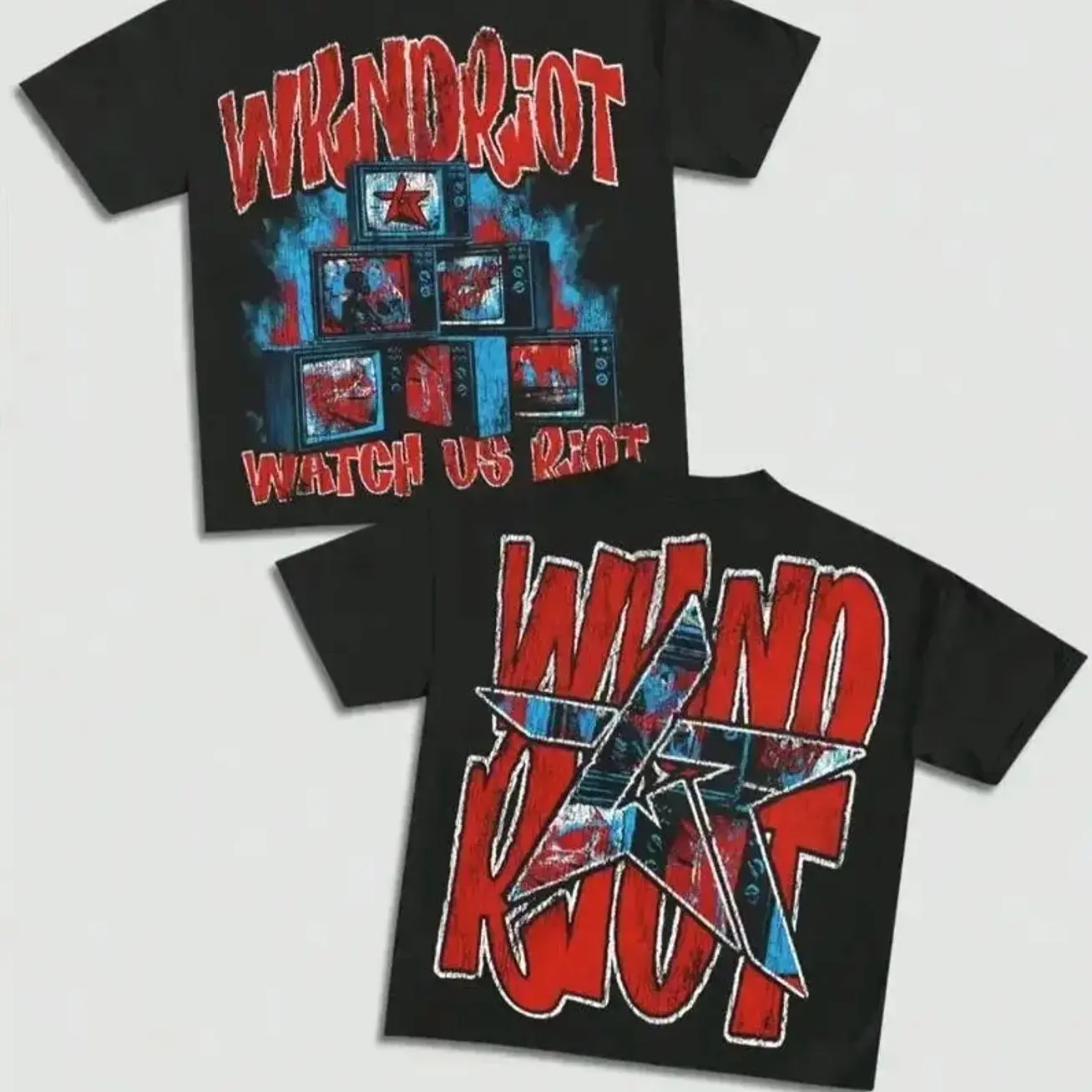 Men's Y2K Streetwear T- - Bold "WKNDRIOT WATCH US RIOT" Double-Sided Graphic Tee - Loose Fit Hip-Hop  - Heavyweight 180gsm Cotton - Black with Red/Blue Accents - Concert & Festival Outfit - Gift for Urban Street style ITX