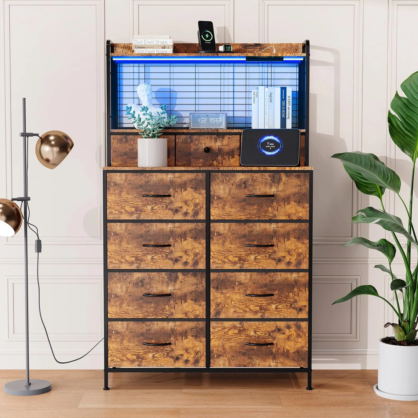 Garvee Rustic Bedroom Dresser with Charging Station and App-Controlled RGB LED Lighting, Tall Storage Organizer Featuring 11 Fabric Drawers and Anti-Tipping Design for Bedroom, Living Room, or Closet in Brown